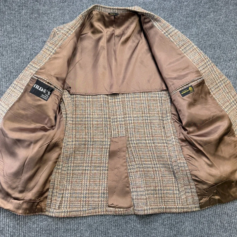 VTG Filenes Tweed Blazer Mens‎ 40 Brown Plaid Wool Sport Coat Jacket Old Money